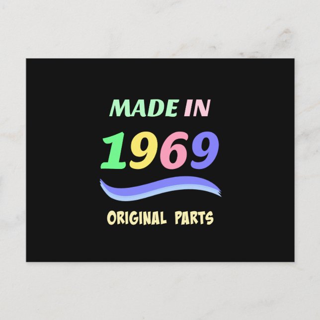 Made in 1969, colorful text design postcard (Front)