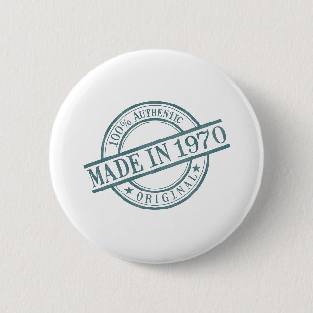 Made in 1970 Circular Rubber Stamp Style Logo Pinback Button (Front)