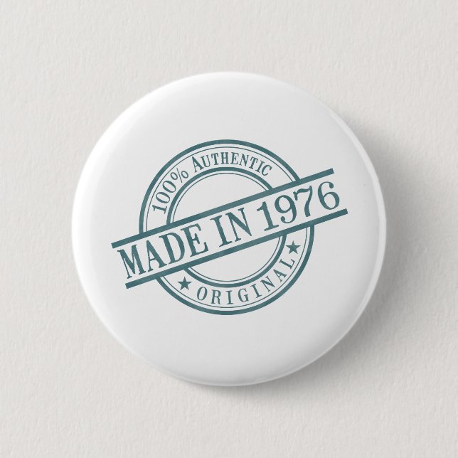 Made in 1976 Circular Rubber Stamp Style Logo Button (Front)