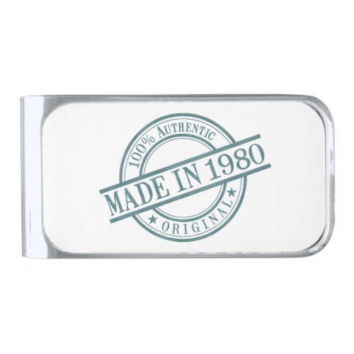 Made in 1980 Circular Rubber Stamp Style Logo Silver Finish Money Clip