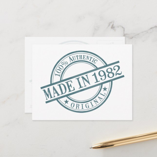 Made in 1982 Birth Year Round Rubber Stamp Logo Postcard (Front/Back In Situ)