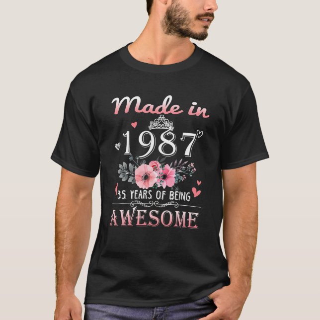 Made In 1987 Floral 35 Year Old 35Th Birthday Gift T-Shirt (Front)