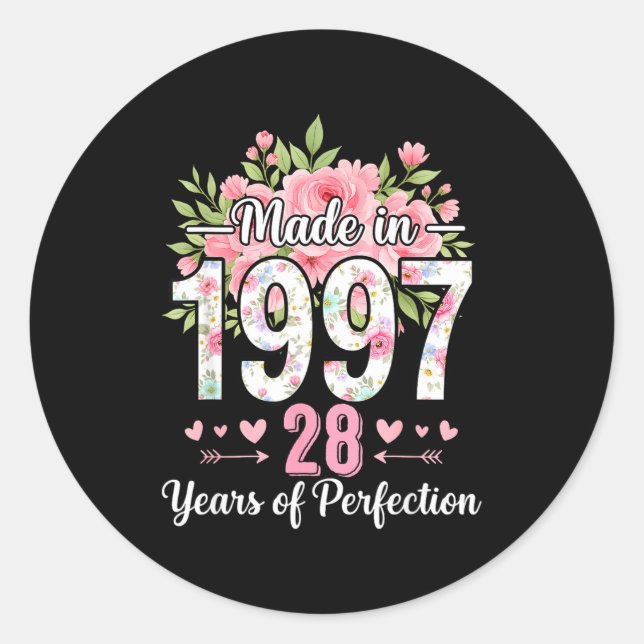 Made In 1997 Floral 28th Birthday Women 28 Years O Classic Round Sticker (Front)