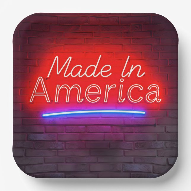 Made In America Neon Sign On Brick Paper Plates (Front)