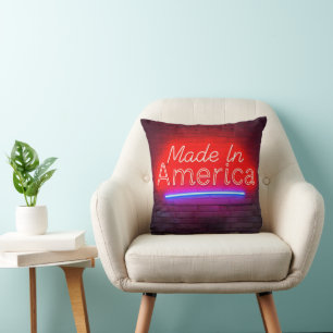 Made In America Neon Sign On Brick Throw Pillow