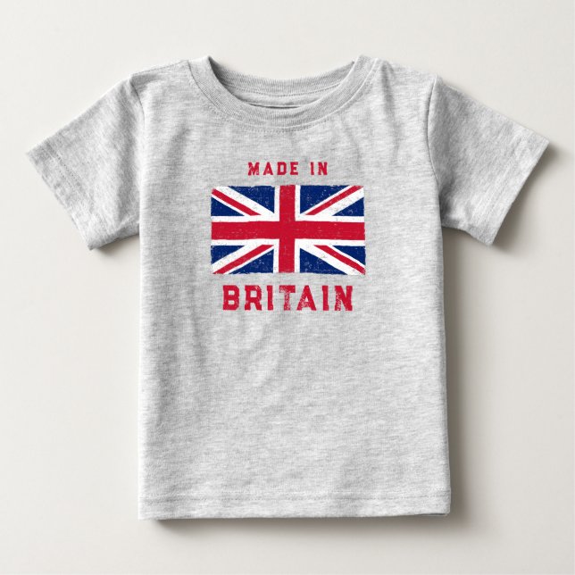 "Made in Britain" (Red Text) Vintage Union Jack Baby T-Shirt (Front)