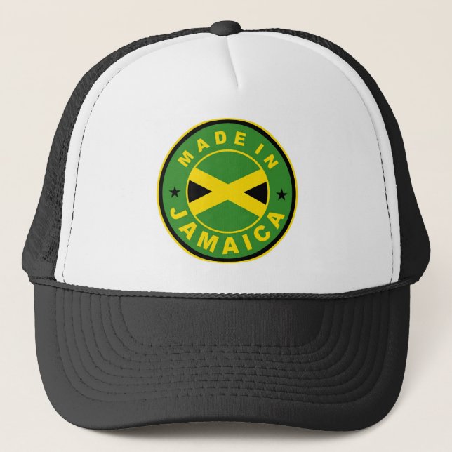 made in jamaica country flag product label round trucker hat (Front)