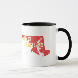 Made In Maryland Map Shape Red with Yellow Text Mug