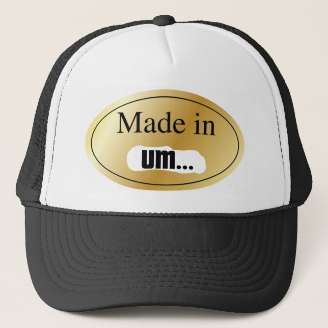 MADE IN SPOOF STICKER TRUCKER HAT (Front)