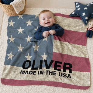 Made In The USA American Flag Name Baby Blanket