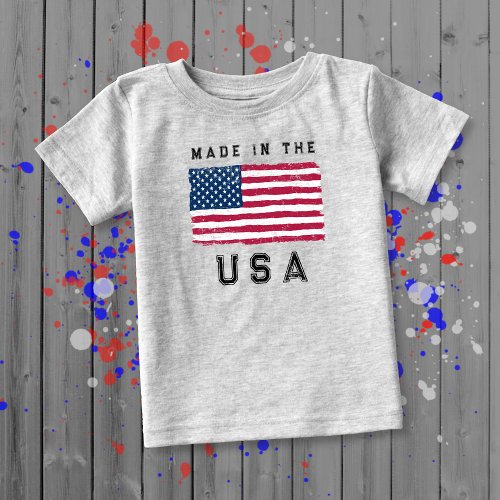 Made in the USA  Black Text Vintage US Flag Baby T_Shirt