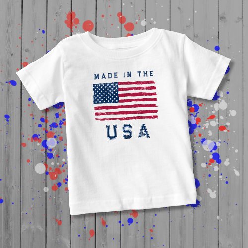 Made in the USA  Blue Text Vintage US Flag Baby T_Shirt