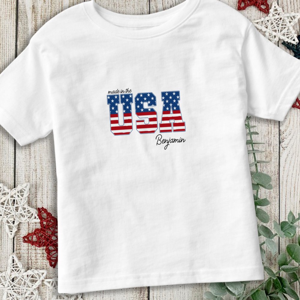 Discover Made in USA American Flag Patriotic 4th Of July Toddler Personalized T-shirt