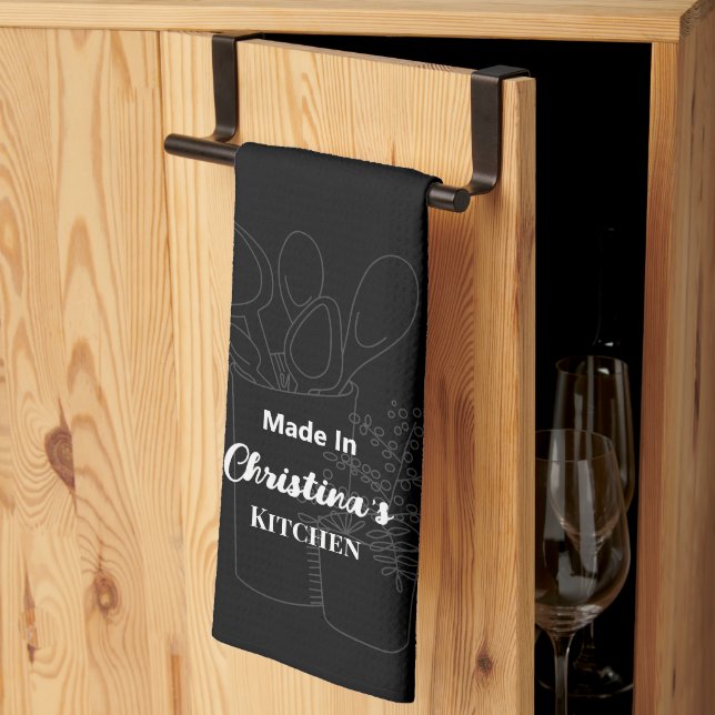 Made In [Your Name] Kitchen Black Wooden Spoon Kitchen Towel (Thirds Fold)