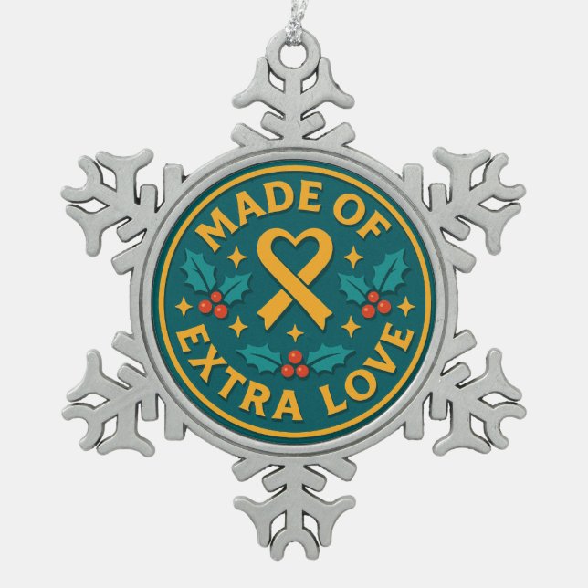 Made of Extra Love Emblem | Inclusive Christmas Snowflake Pewter Christmas Ornament (Front)