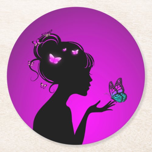 Made Of Papier Female Purple Butterflies Round Paper Coaster