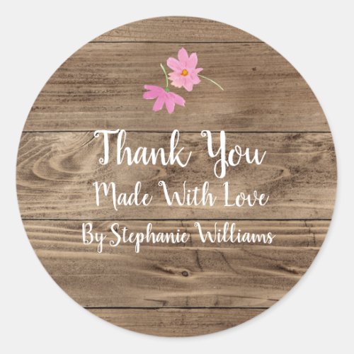 Made with Love  Barn Wood  Pink Floral Thank You Classic Round Sticker