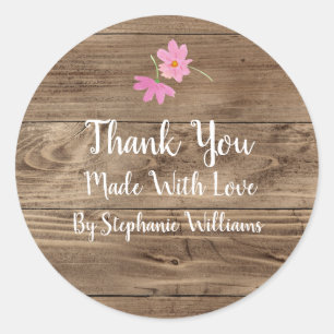 Made with Love Barn Wood & Pink Floral Thank You Classic Round Sticker