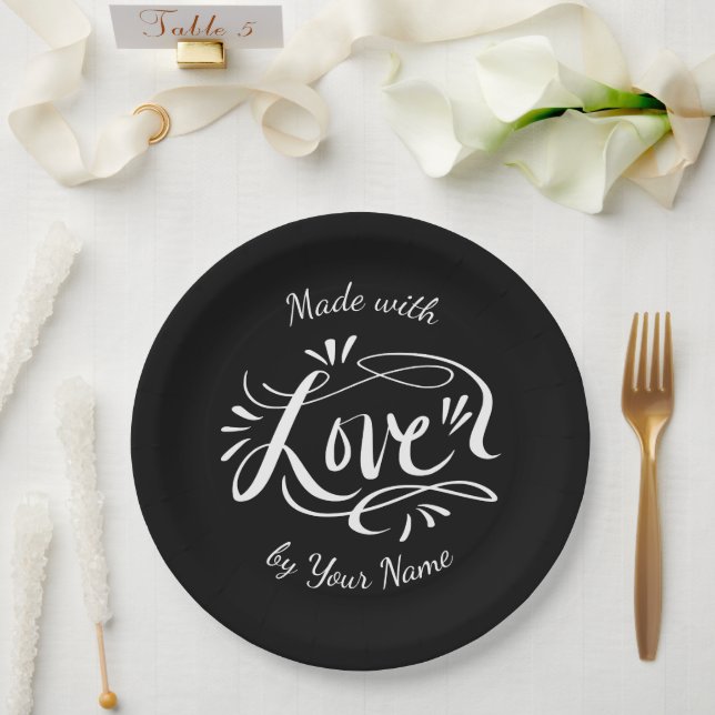 Made with love beautiful hand lettered black paper plates (Wedding)