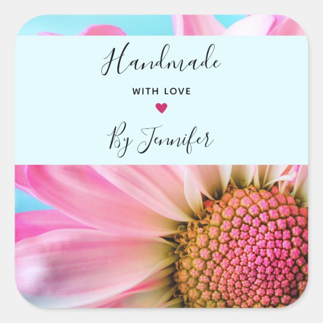Made with Love Beautiful Pink Flower Photo Square Sticker (Front)