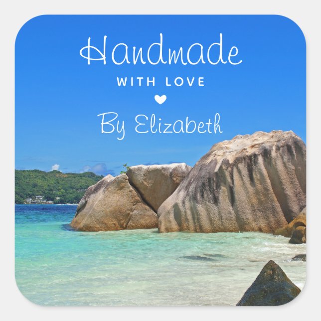 Made with Love Beautiful Tropical Sea Rocky Coast Square Sticker (Front)