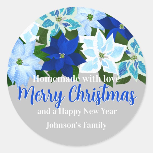 Made with Love - Blue Poinsettia Christmas Classic Round Sticker (Front)