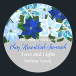 Made with Love - Blue Poinsettia Hanukkah Classic Round Sticker<br><div class="desc">Blue poinsettia Hanukkah classic round sticker with Made with Love - Chag Hanukkah Sameach - Love and Light - Personalize with your family name. You can change the background color,  or the messages to say you own holiday greeting. Great stickers to close your Hanukkah gifts.</div>