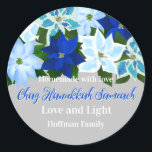 Made with Love - Blue Poinsettias Hanukkah Classic Round Sticker<br><div class="desc">Blue poinsettias Hanukkah classic round sticker with Made with Love - Chag Hanukkah Sameach - Love and Light - Personalize with your family name. You can change the background color,  or the messages to say you own holiday greeting. Great stickers to close your Hanukkah gifts.</div>