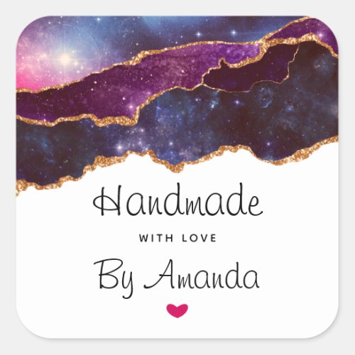 Made with Love Blue  Purple Space  Stars Agate Square Sticker