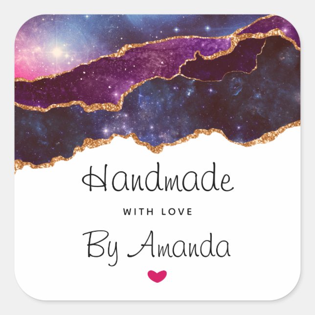 Made with Love Blue & Purple Space & Stars Agate Square Sticker (Front)