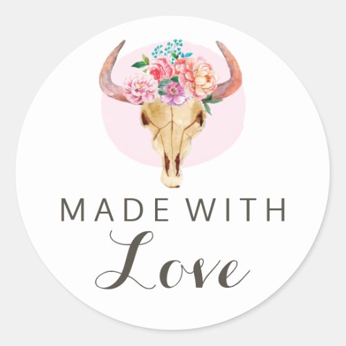 Made With Love Bohemian Cow Skull Watercolor Blush Classic Round Sticker