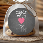 Made With Love By You - hot pink and chalkboard Classic Round Sticker<br><div class="desc">A whimsical,  personalized saying for all your handmade items.</div>
