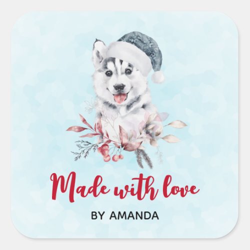 Made with Love Christmas Husky Dog in a Santa Hat Square Sticker