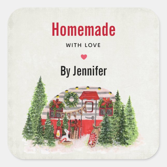Made with Love Christmas Trailer Camper Rustic Square Sticker (Front)