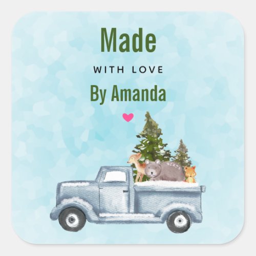 Made with Love Christmas Truck with Forest Animals Square Sticker