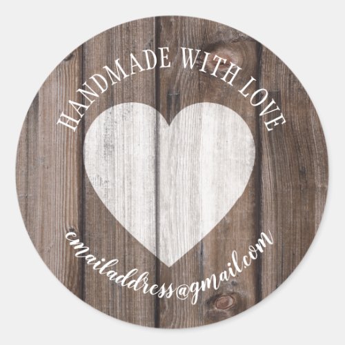 Made with love company name wood heart classic round sticker