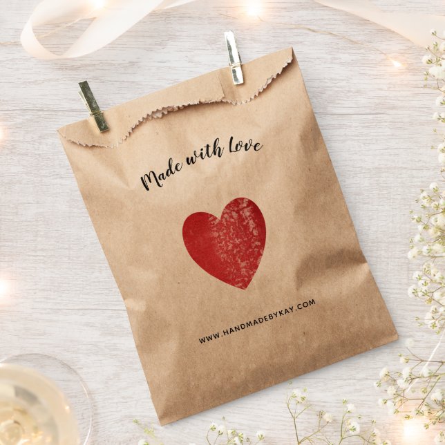 Made with Love • Crimson Red Heart Handmade Favor Bag (Clipped)