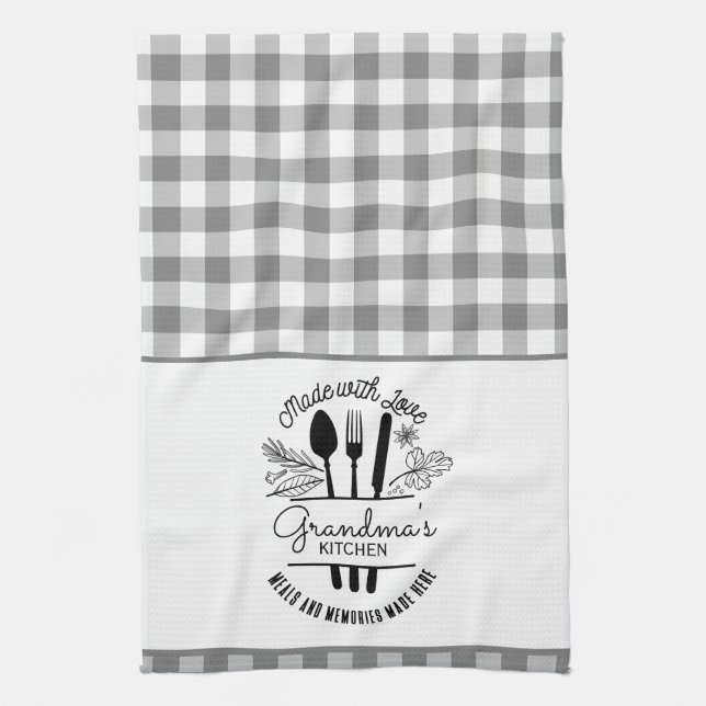 Made With Love Custom Name Gray Buffalo Plaid Kitchen Towel (Vertical)