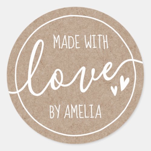 Made with love custom name hearts Kraft paper look Classic Round Sticker