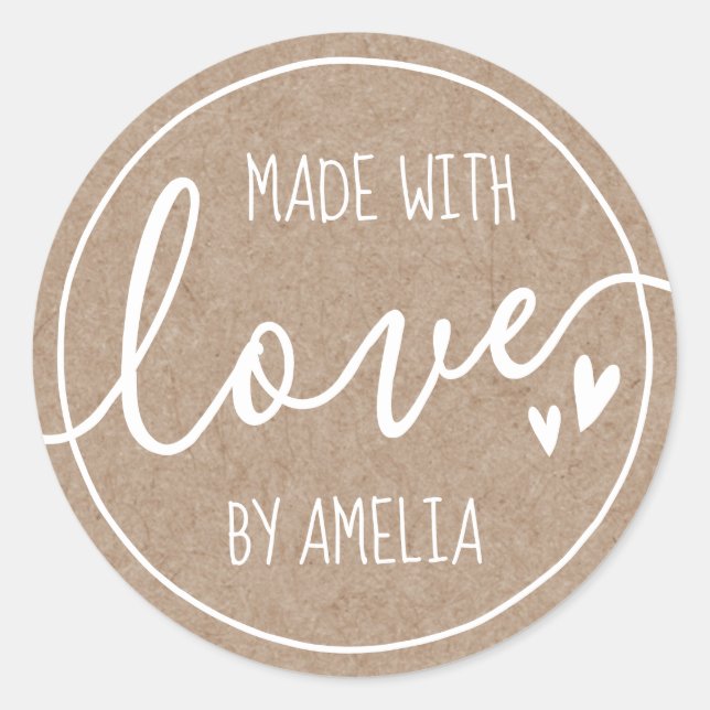 Made with love custom name hearts Kraft paper look Classic Round Sticker (Front)