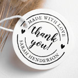 Made With Love & Custom Name Product Thank You Rubber Stamp<br><div class="desc">Create your own custom thank you wood art stamp with this cute template. This design features "thank you" in elegant script lettering, "made with love", and your name or business name in circular typography. There are two hearts and a round vintage border. Click the "Personalize" button and edit the text...</div>