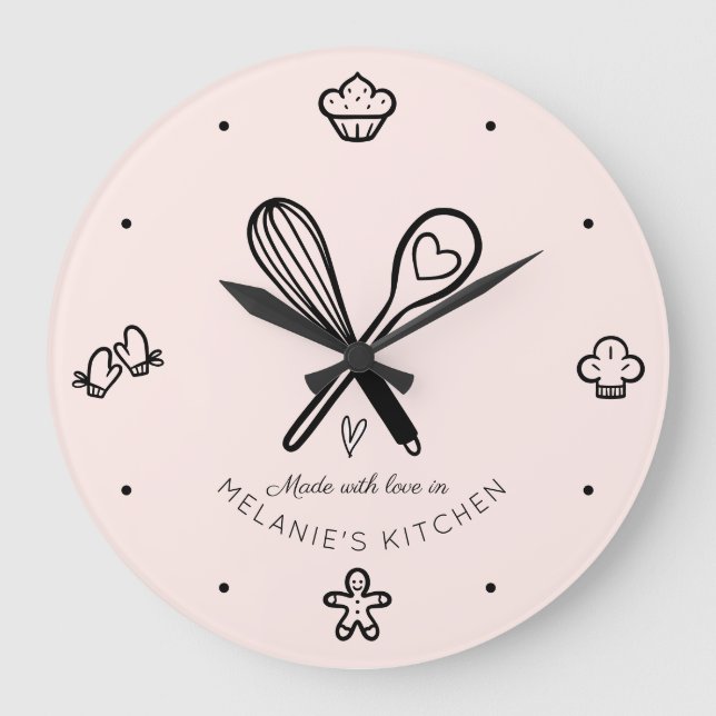 Made With Love Cute Baking Whisk Blush Pink Large Clock (Front)