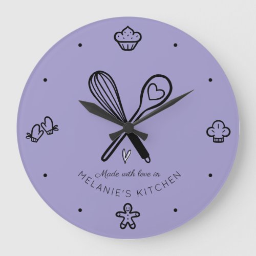 Made With Love Cute Baking Whisk Purple Large Clock