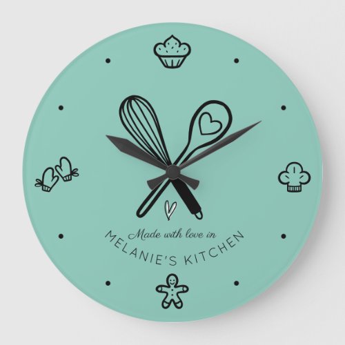 Made With Love Cute Baking Whisk Teal Blue Large Clock