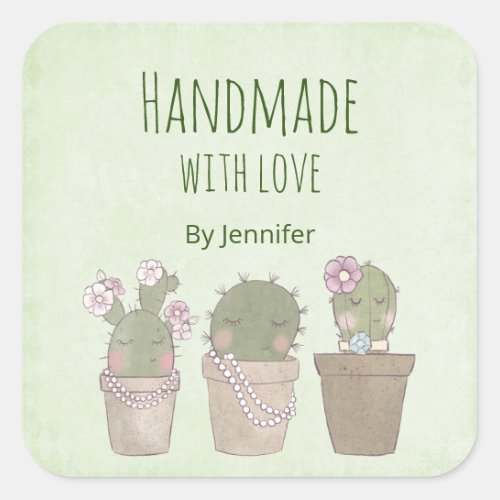 Made with Love Cute Cactus Trio Wearing Jewelry Square Sticker