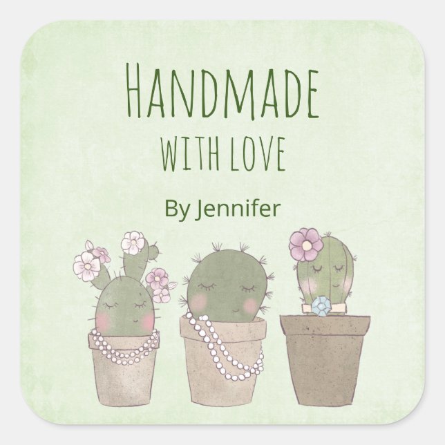 Made with Love Cute Cactus Trio Wearing Jewelry Square Sticker (Front)