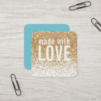 MADE WITH LOVE cute confetti gold glitter blue Square Business Card