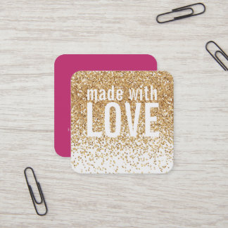 MADE WITH LOVE cute confetti gold glitter pink Square Business Card