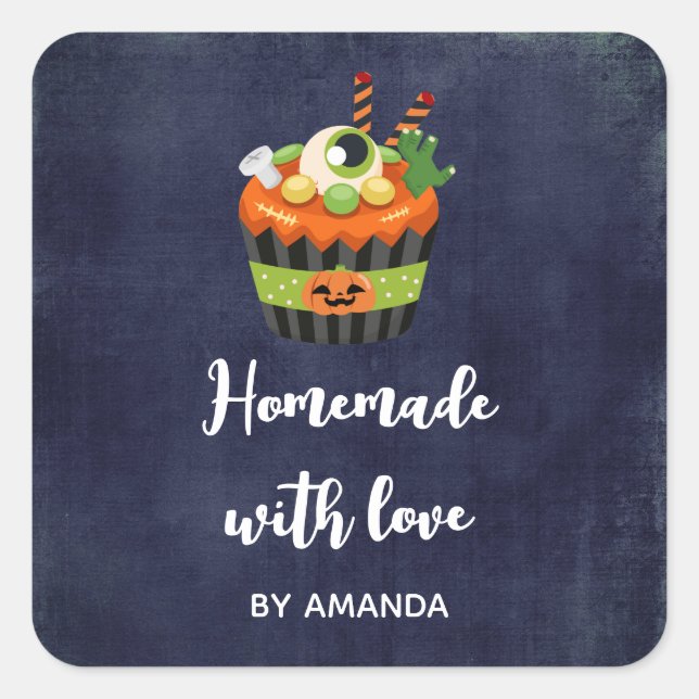 Made with Love Cute & Creepy Halloween Cupcake Square Sticker (Front)