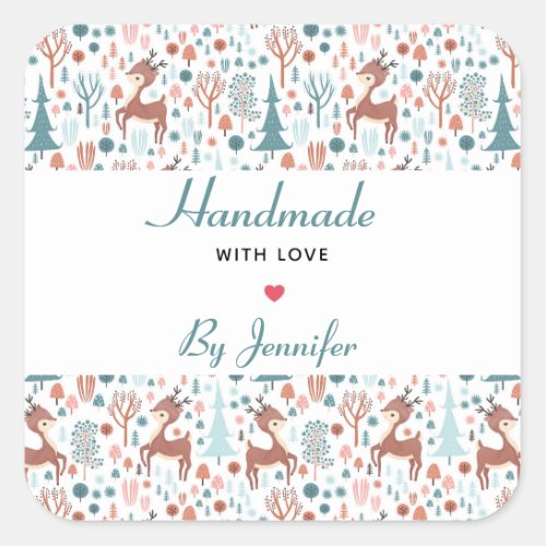 Made with Love Cute Deer in a Forest Pattern Square Sticker